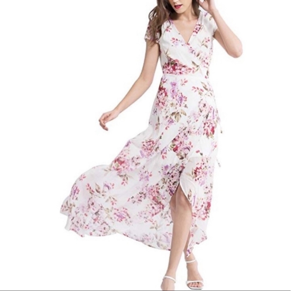 Pink and purple floral wrap dress